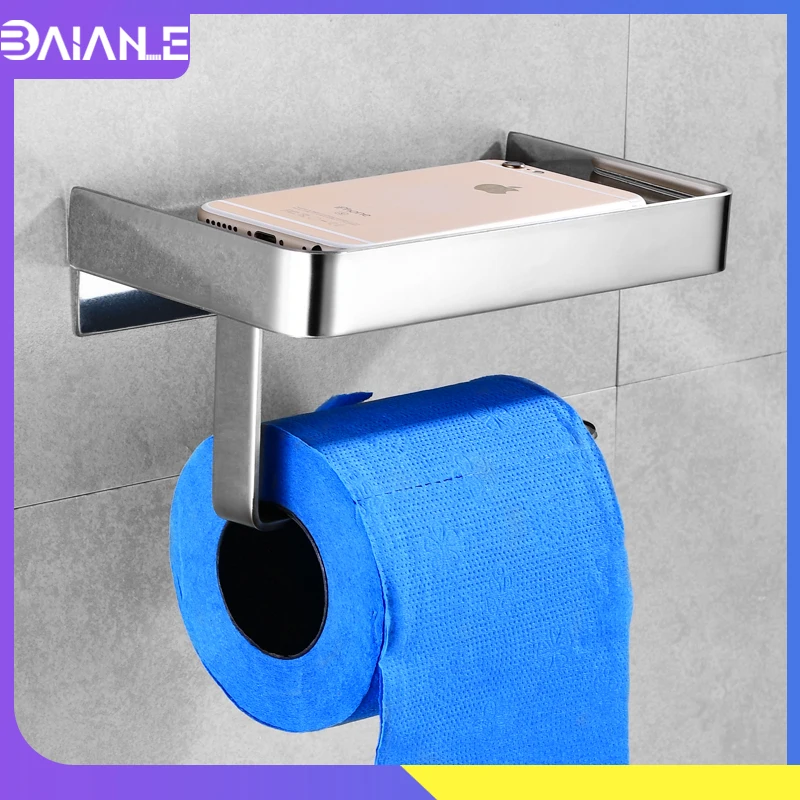 

Toilet Paper Holder with Shelf Stainless Steel Toilet Roll Paper Holder Hanger Wall Mounted Bathroom Shelf Shower Shampoo Rack