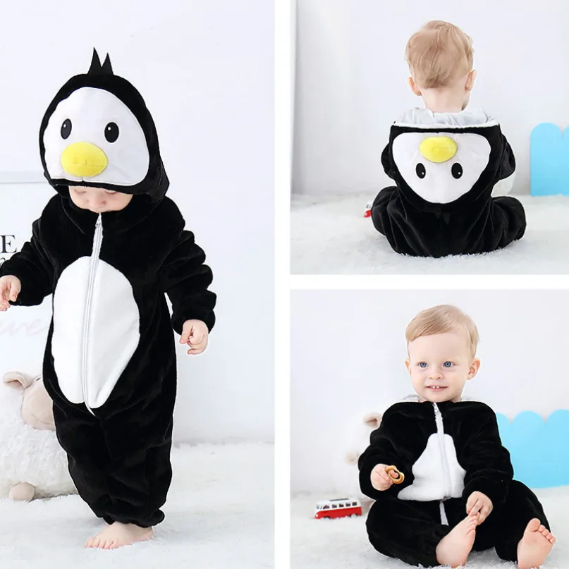 penguin Осенне-зимние фланелевые пижамы с капюшоном для маленьких девочек и мальчиков; комбинезоны; Теплая Одежда для новорожденных; детские пижамы для альпинизма; костюм с героями мультфильмов - Цвет: penguin