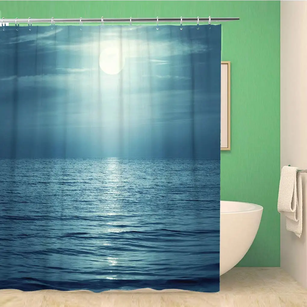 

Bathroom Shower Curtain Blue Water Moon Reflecting in Sea Retro Moonlight Black Polyester Fabric 66x72 inches Waterproof Bath