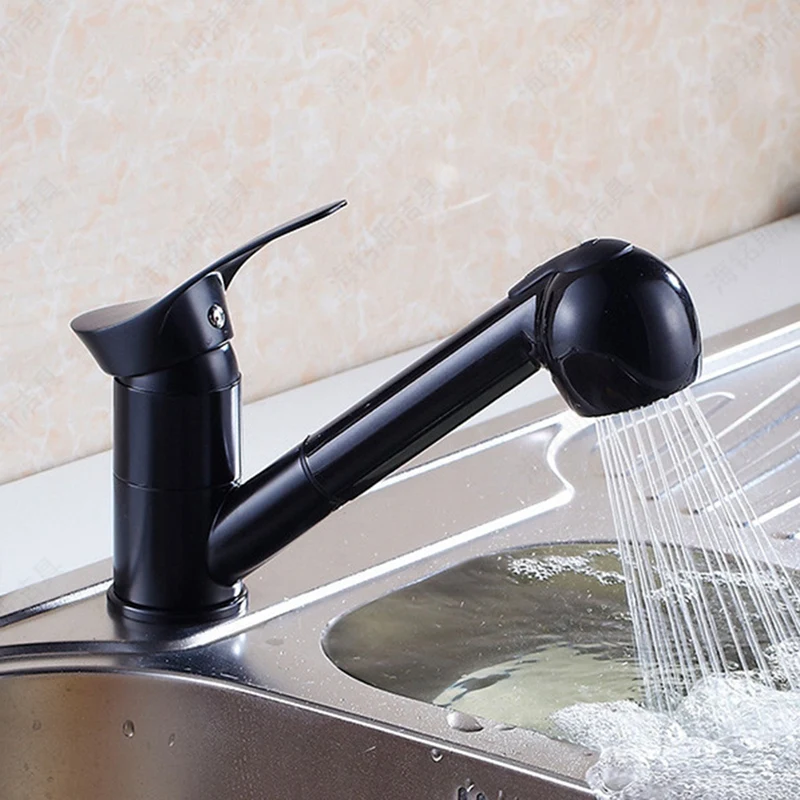  Wf-7005 Kitchen Faucet 360 Degree Rotation Pull Out Kitchen Sink Faucet Water Saving Polished Black - 4000080529719