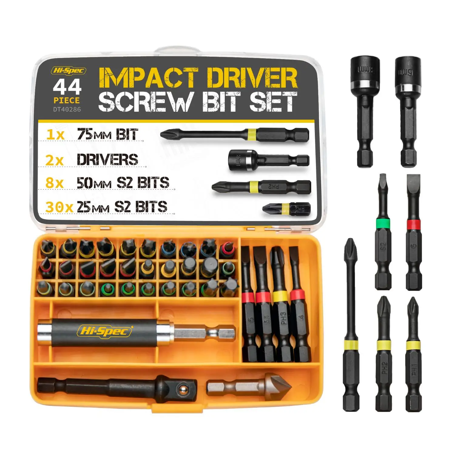 Hi-Spec 44pc S2 Impact Driver Drill Bit Set Screwdriver Bits Power Tool Acessories with Socket Adapter Repair Hand Tools Kit