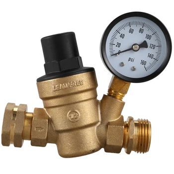 

M11-0660R Water Pressure Regulator Valve. Brass Lead-Free Adjustable Water Pressure Reducer with Gauge for RV Camper, and Inlet