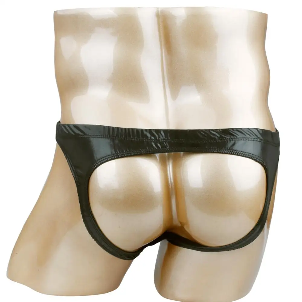 Male Underwear Mens Lingerie Panties Shiny Patent Leather Bikini Briefs Male Exotic Underwear Sissy Front Pouch Open Butt Panties with Holes