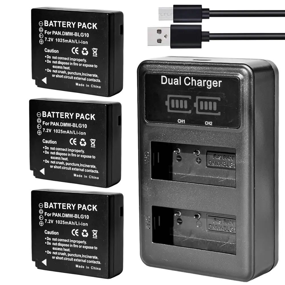 3x Батарея + USB Dual Зарядное устройство для цифрового фотоаппарата Panasonic DMW-BLG10E BLE9E