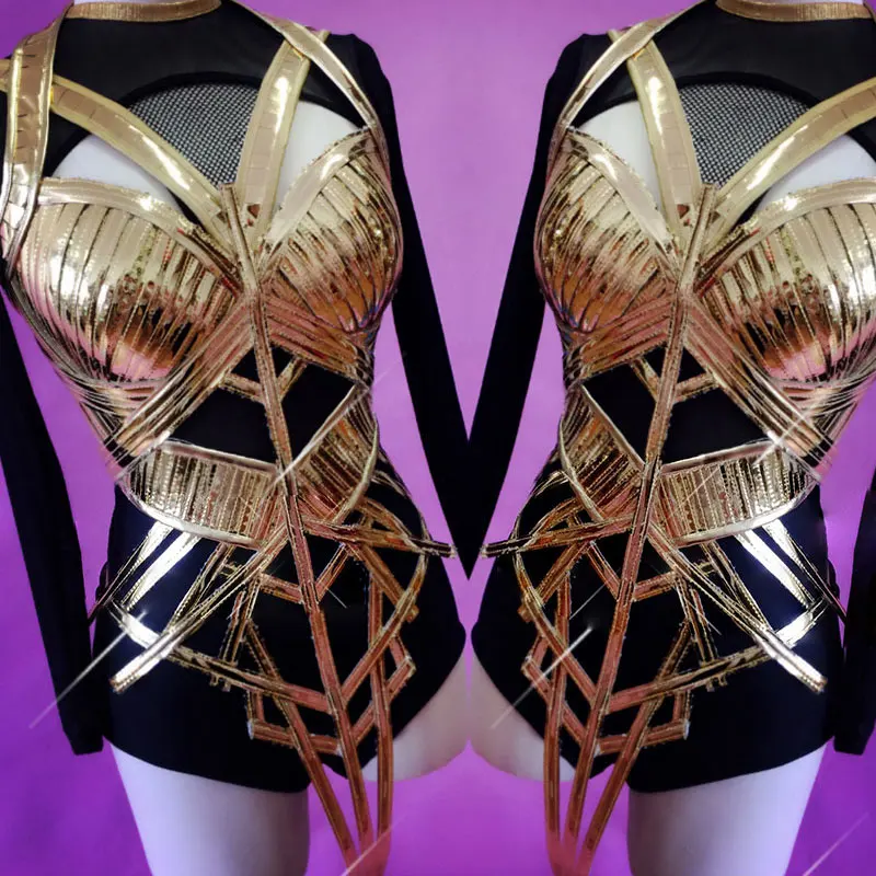 Golden-hollow-Outfit-Black-base-Rhinestones-Bodysuit-Women-2-Piece-Stretch-Outfit-Nightclub-Dance-Wear-Female
