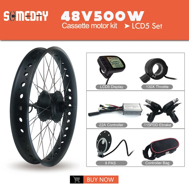 SOMEDAY 36V/48V 500W Snow Bike Electric Bicycle Conversion Kit 20 26 Inch Wheel Rear Cassette Hub Motor for Fat Tire Bike 48V LCD5 Set
