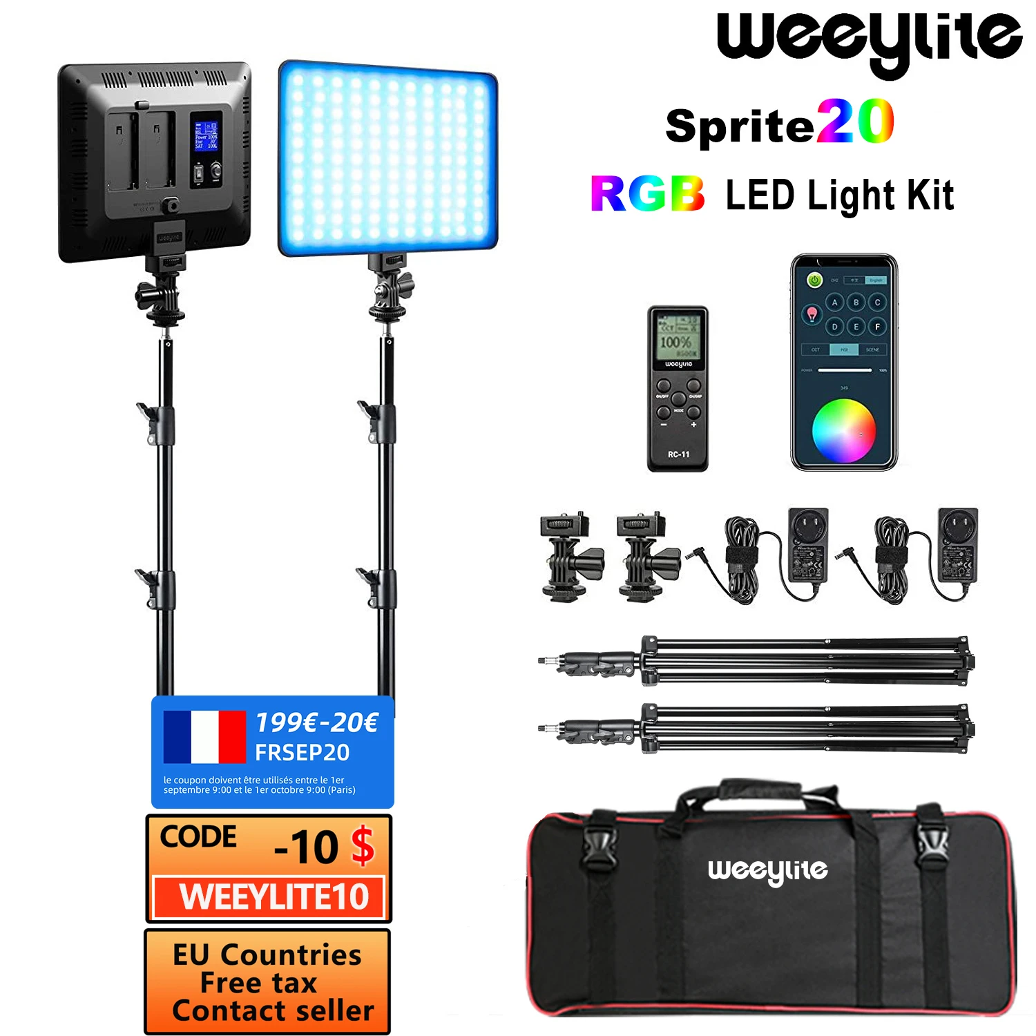 Weeylite sprite20 2Pack RGB Video Light kit LED Panel Video Light 2.4G  Wireless Remote for Video Recording Photography Studio