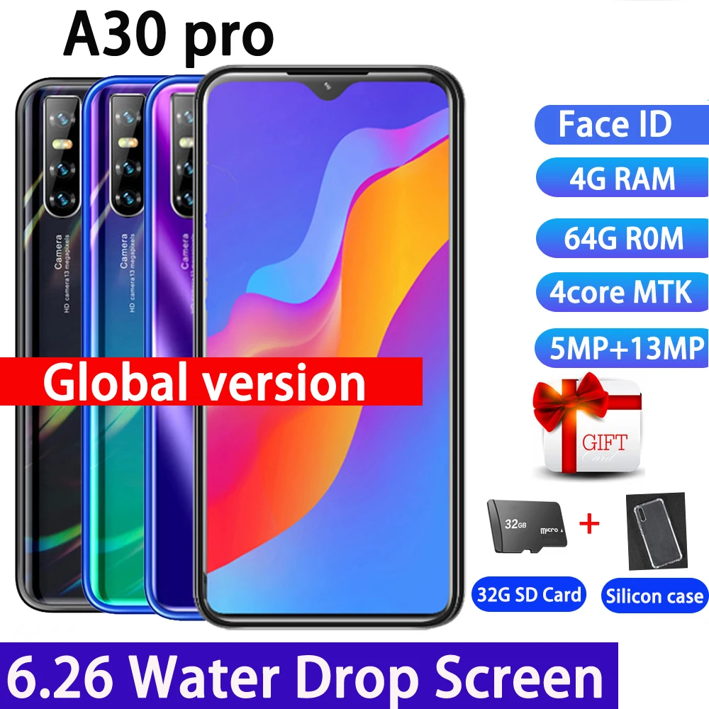 

A30 Pro Mobile phones 6.26"HD Waterdrop Screen 4GBRAM+64GBROM MTK6580 Quad Core smartphone android 13MP Camera Celular