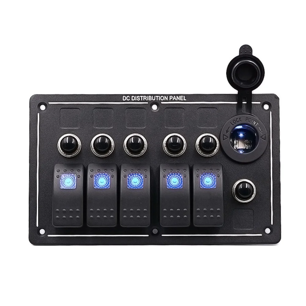 

3 PIN Single Lamp 5 Gang Rocker Metal Switch Panel with Cigarette Lighter Socket for Car Motorcycle Vehicle VS998