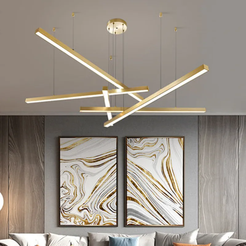 

Modern NEW Led Chandelier Lighting Luxury Gold Hanging Metal Strip Light Fixtures Lobby Lamp Dimmable Cord Living room Lights