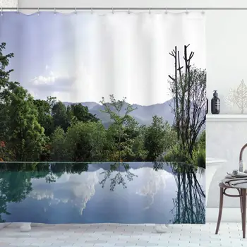 

House Decor Collection, Cloud and Tree Reflections on the Infinity Pool Forest Distant Hills Getaway Image Pattern, Polyester