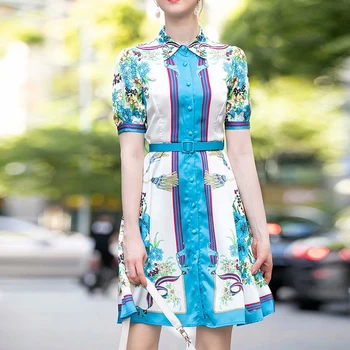 

HIGH QUALITY New Stylish Fashion 2020 Designer Runway Dress Women's Turn-down Collar Sashes Floral Print Dress
