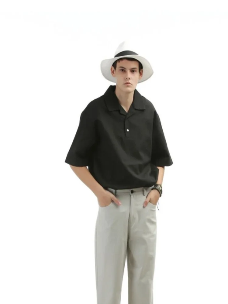 

Men's Short Sleeve Shirt Summer New Black Lapel Casual Simple Fashion Loose Youth Trend Medium Sleeve Shirt