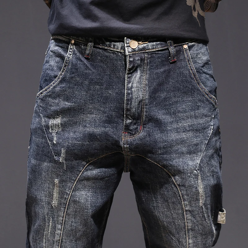 Новое поступление модных женских сапог джинсовые штаны-шаровары на осень Для мужчин карманы дизайнер свободный покрой конические мото джинсы Повседневное джинсовые штаны длинные брюки 40