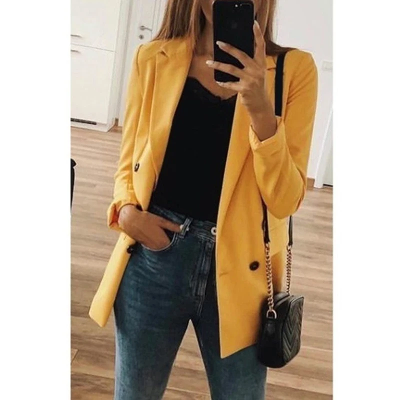 yellow Женское осеннее пальто с отложным воротником, верхняя одежда с длинным рукавом, элегантные пальто свободного размера плюс, верхняя одежда - Цвет: yellow