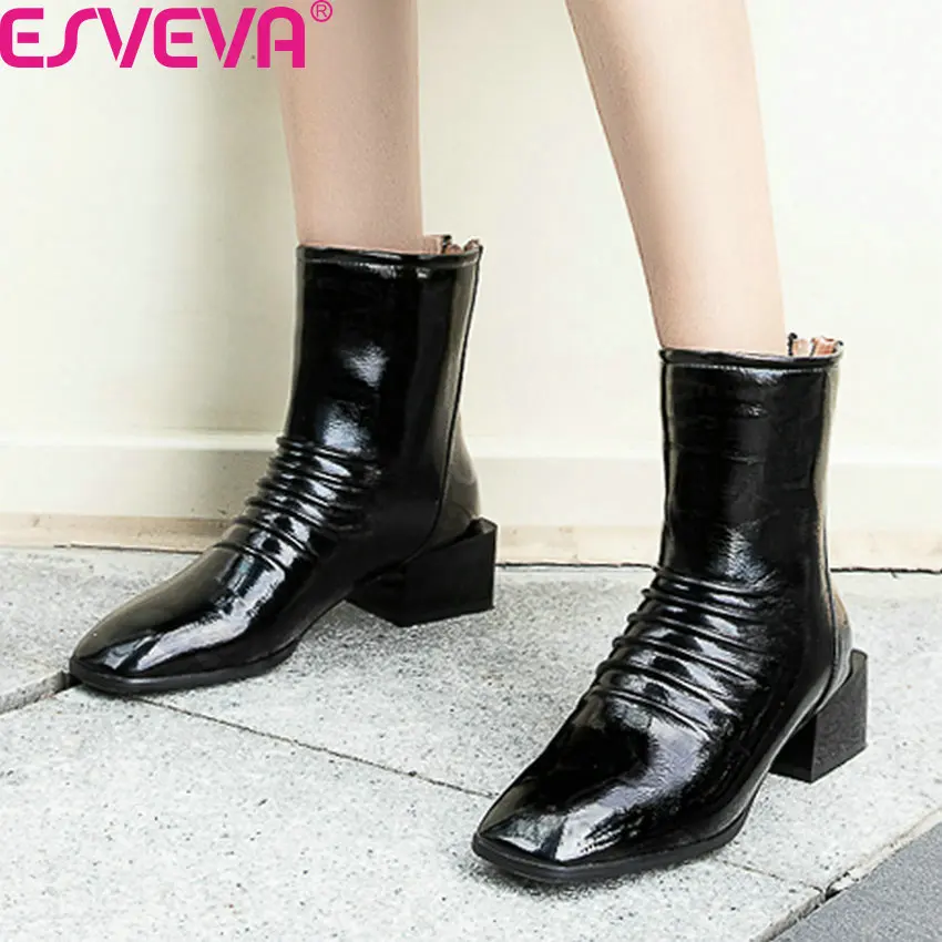 

ESVEVA 2020 Square Toe Warm Fur Zipper Ankle Boots Autumn Winter Square Heel PU Patent Leather All Match Women Shoes Size 34-42