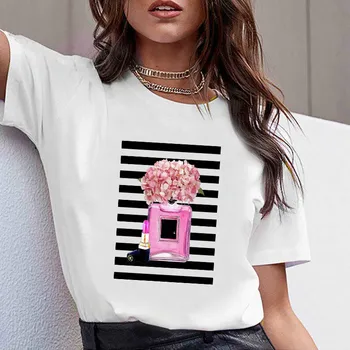 

T Shirt for Women Print Flower Perfume Bottle Sweet Short Clothes 2020 O-Neck Women T Shirt Fashion Female Tee Top Shirt