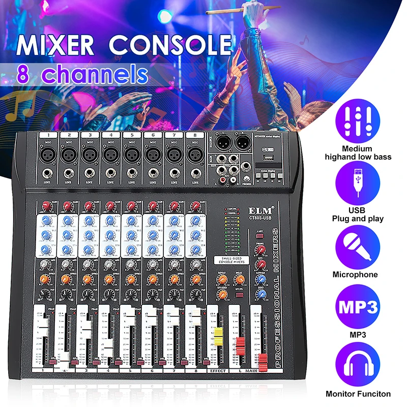 

8 Channel Sound Card Mixing Console Digital Audio Mixer bluetooth MP3 USB Input +48V Phantom Power Amplifier for Music Recording