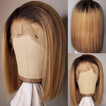 

13x6 Lace Front Human Hair Wigs For Women Highlight Ombre Colored Brazilian Remy 360 Lace Frontal Wig Honey Brown Short Bob Wig