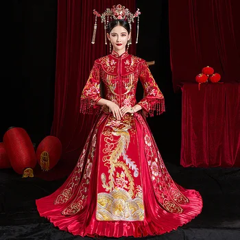 

High Quality Embroidery Add Rhinestone Women Bride Wedding Dress Vintage Button Cheongsam Oriental Classic Tang Suit Vestidos