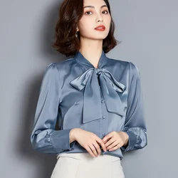 Camisa de cetim com botões feminina, camisa para escritório de seda coreana de manga comprida