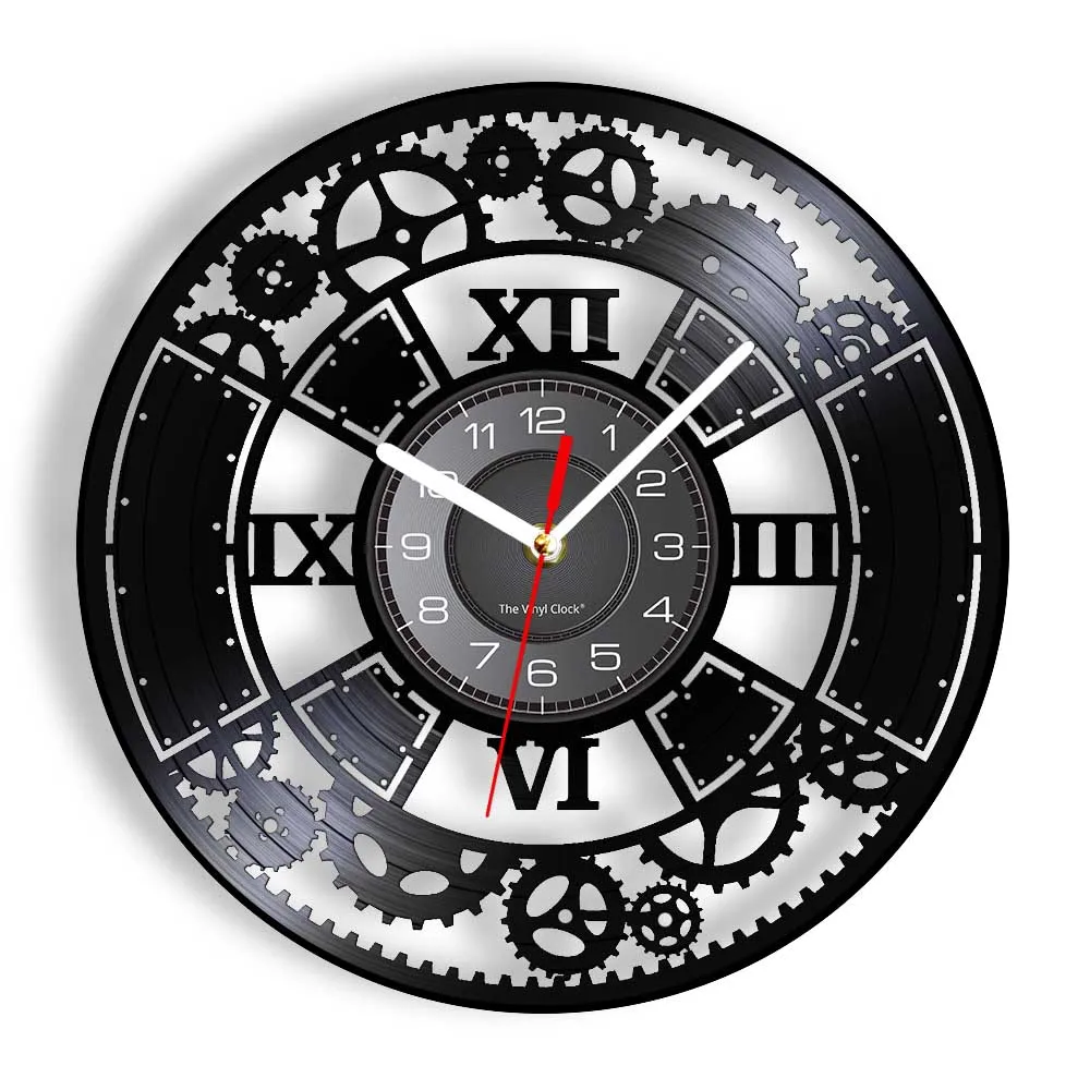Steampunk Clock Roman Numeral Gold Gear Print Designed Round Wood Wall  Clock Men