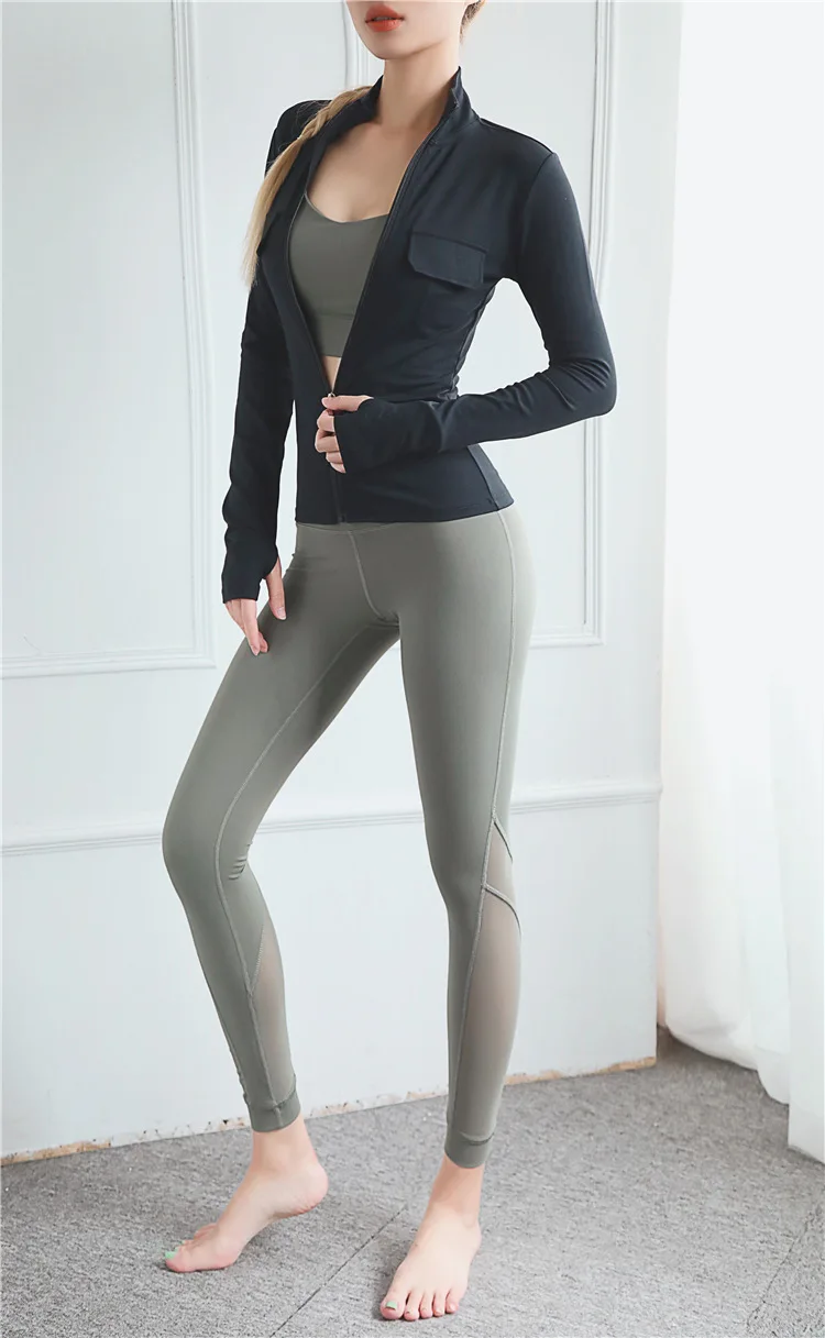 Женская облегающая спортивная куртка для фитнеса, с высоким воротником, на молнии, дышащая, с длинным рукавом, костюм для бега, спортивная одежда для женщин, для спортзала