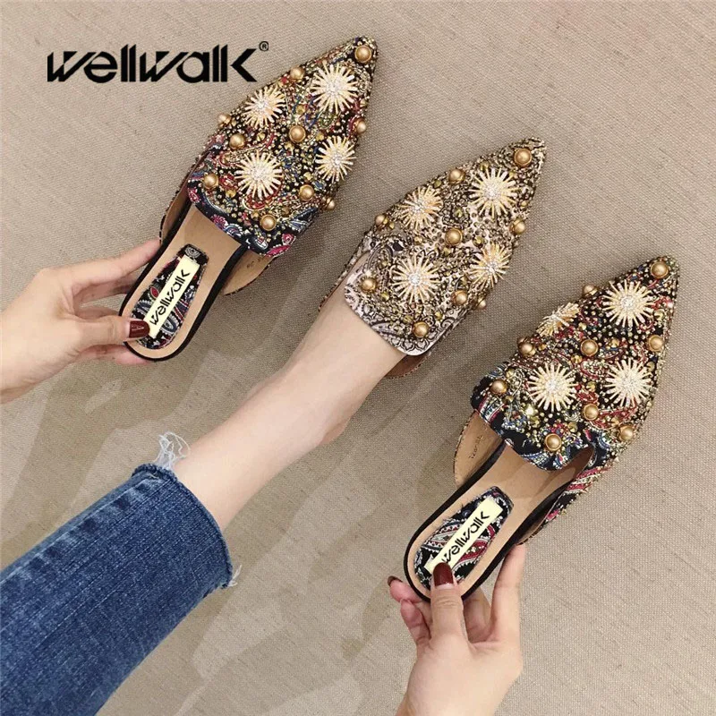 Wellwalk/тапочки на плоской подошве модные туфли без задника женские дизайнерские