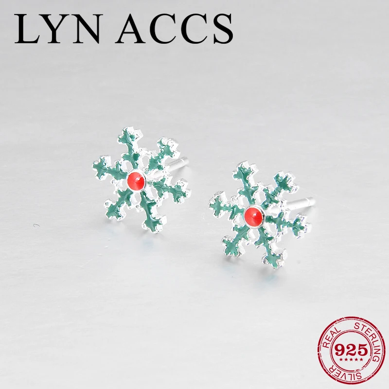 

Christmas Earrings Authentic 925 Sterling Silver Green Enamel Snowflake Studs Earrings for women Party Fine Jewelry Wholesale