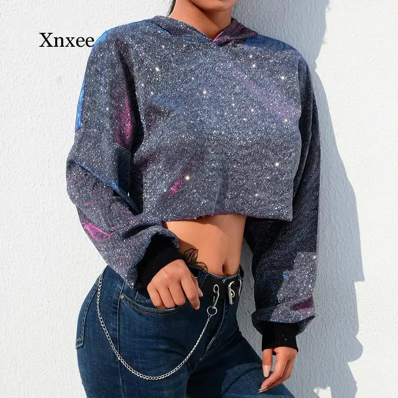 Cropped Oversized Hoodies Silver Glitter Long Sleeve O-Neck Sweatshirt Women Streetwear Korean Crop Sweatshirt gray Starry sky