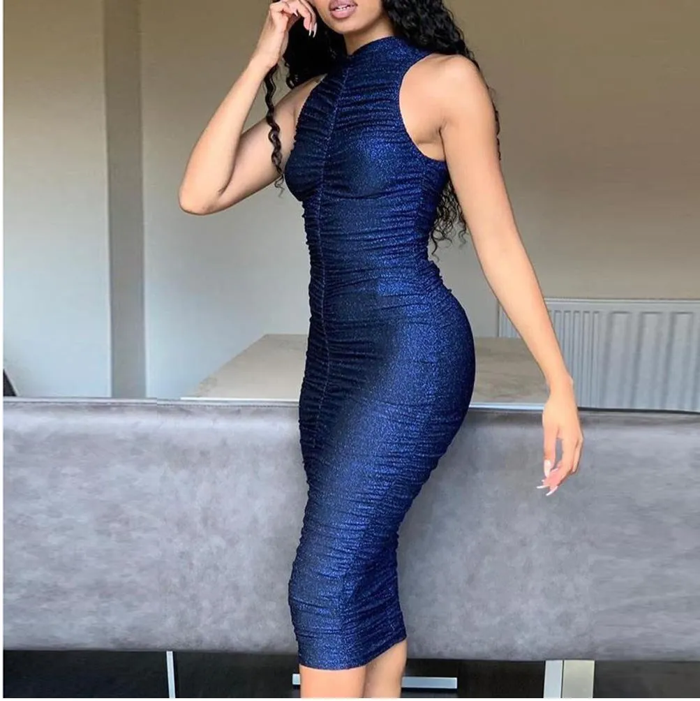 

Women Bandage Blue Bodycon Mid Dress Club Party Night Dress Ladies Elegant Party Dress