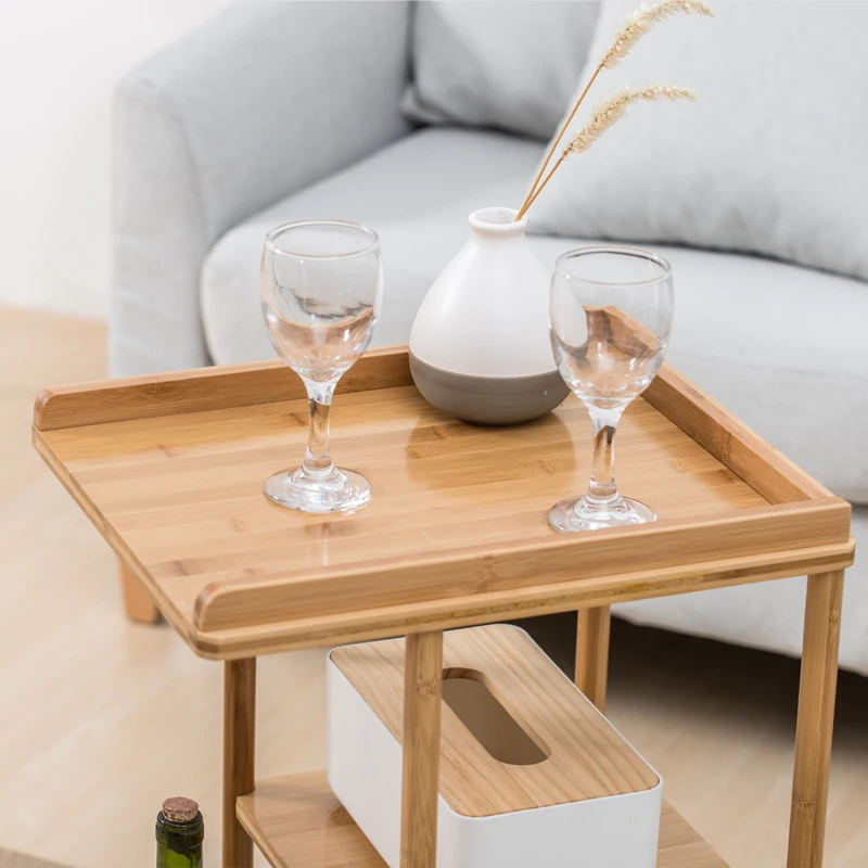  Natural bamboo multi-layer coffee table living room small table Side cabinet modern removable sofa 