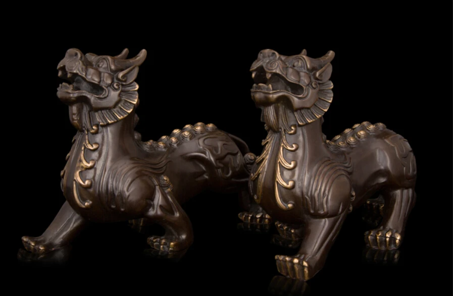 Одна пара угловых китайских бронзовых скульптур животных Kirin фэн-шуй украшения высококлассная Подарочная статуя(A0327) скидка 30
