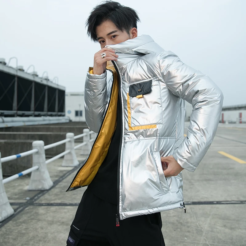 UYKU Зима Новая повседневная мода свободный крой корейский Молодежный тренд яркое лицо с капюшоном мужская хлопковая стеганая куртка Masculino - Цвет: silver