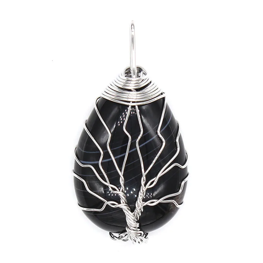 KFT Wire Wrapped Tree of Life Pendant Natural Healing Crystal Quartz Tear Drop Chakra Points Reiki Stone Pendant Jewelry - Image 3