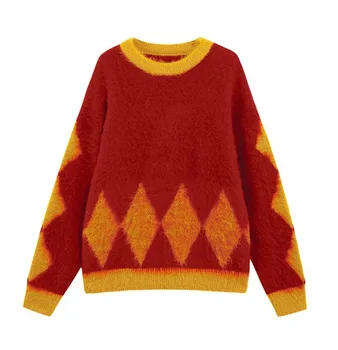 

Winter New Fashion Ladies Sweaters Diamond Stripe Sweater Women's Pullovers Round-neck Warm Sweater For Woman 2019