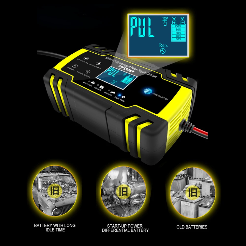 Автомобильное зарядное устройство 12В 24В вольт для мотоцикла тип ремонта батареи AGM зарядка мотоцикла свинцово-кислотная батарея ремонт автомобиля зарядное устройство
