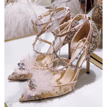 

Runway Sandals Women 2020 Crystals Designer Summer Shoes Woman Gladiator Sandalias Mujer Pointed Toe High Heels Wedding Pumps