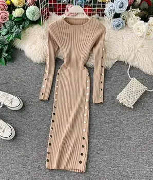 

Winter Rivet Deco Women Knitted Dresses Retro Knitted Package Hip Lady Sweater Dress Work Office Knitted Pencil Dress