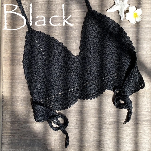 2021 New Bikini Top Handmade Crochet Women Boho Beach Bralette Solid Halter Knitted Swimsuit Brazilian Bikinis Bathing Suit Top Black