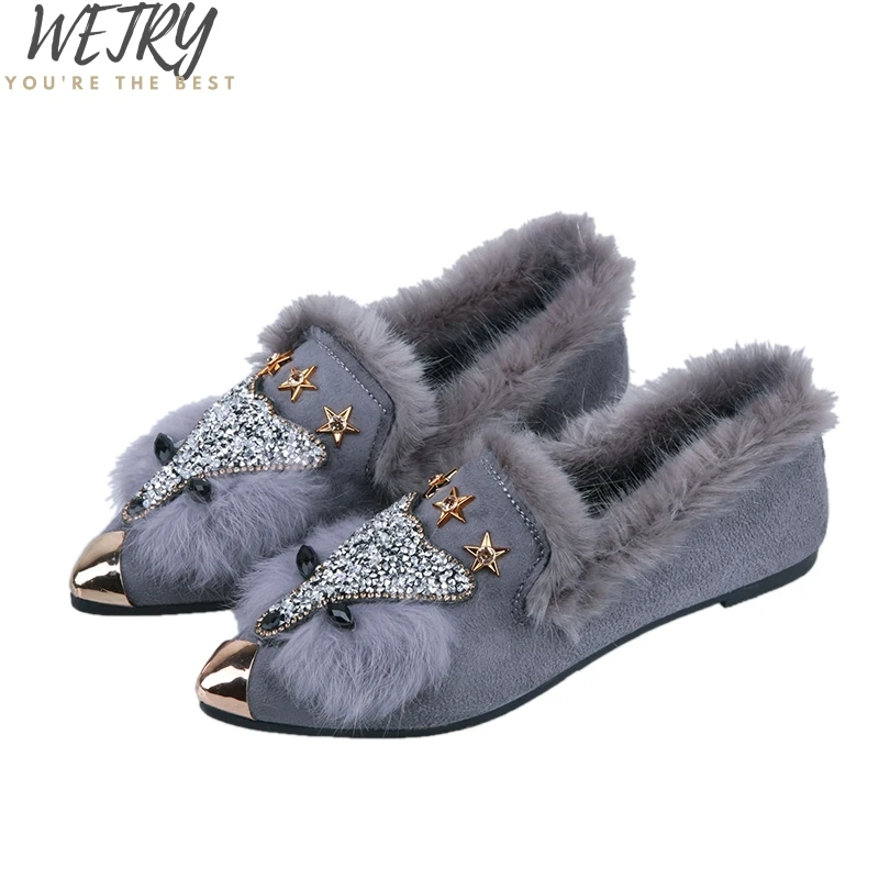 

Womens Pointed Metal Toe Real Fox Fur Crystal Diamond Bling Ankle boots Block Med Heel Warm Winter Luxury Shoes Black Gray