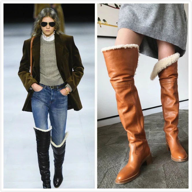 Boussac Faux Fluffy Wool Warm Boots Women Slip on Over the Knee Wood Heel Round Toe Winter Women's SWE0890 |