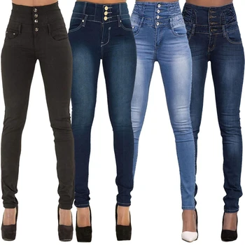 

New Spring Women Skinny Denim Light Pencil Pants Stretch Jeans High Waist Slim Button Pockets Pants Women Jeans