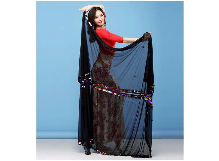 Танец живота малайский шарф большой размер брошенный шарф Sequine украшенный реквизит для сцены черные Серебряные вуали для танцев