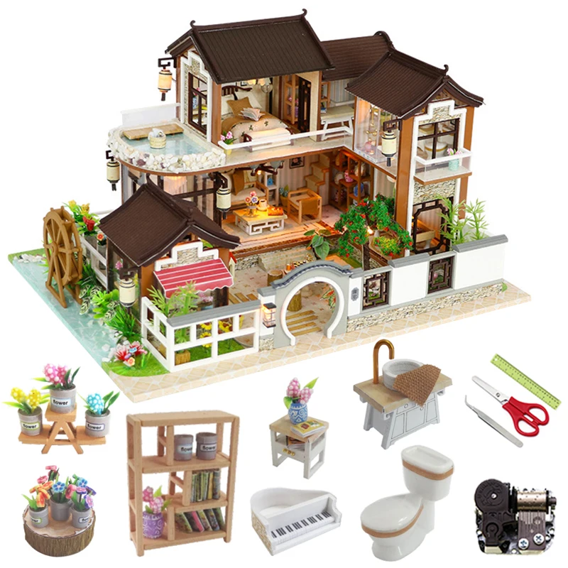 

Large DollHouse Kit DIY Miniature Doll Houses Furniture With Led Lights Wooden House Box Toys For Children Christmas Gift Casa