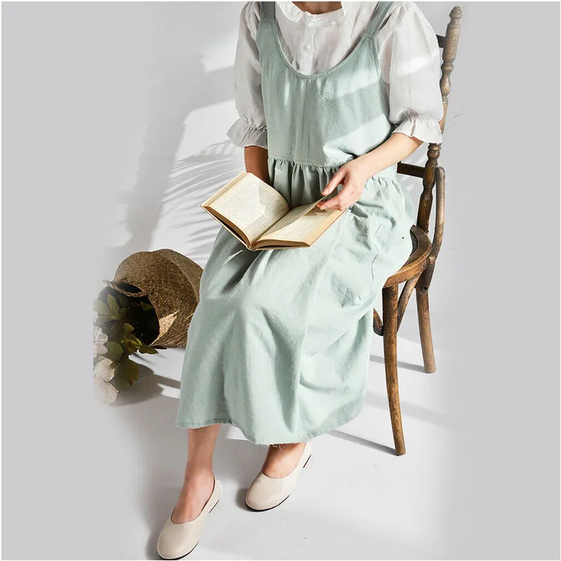 Women Cotton Linen Bib Apron Japanese Style Sleeveless Pinafore Home Kitchen Coffee Cooking Florist Aprons Dress