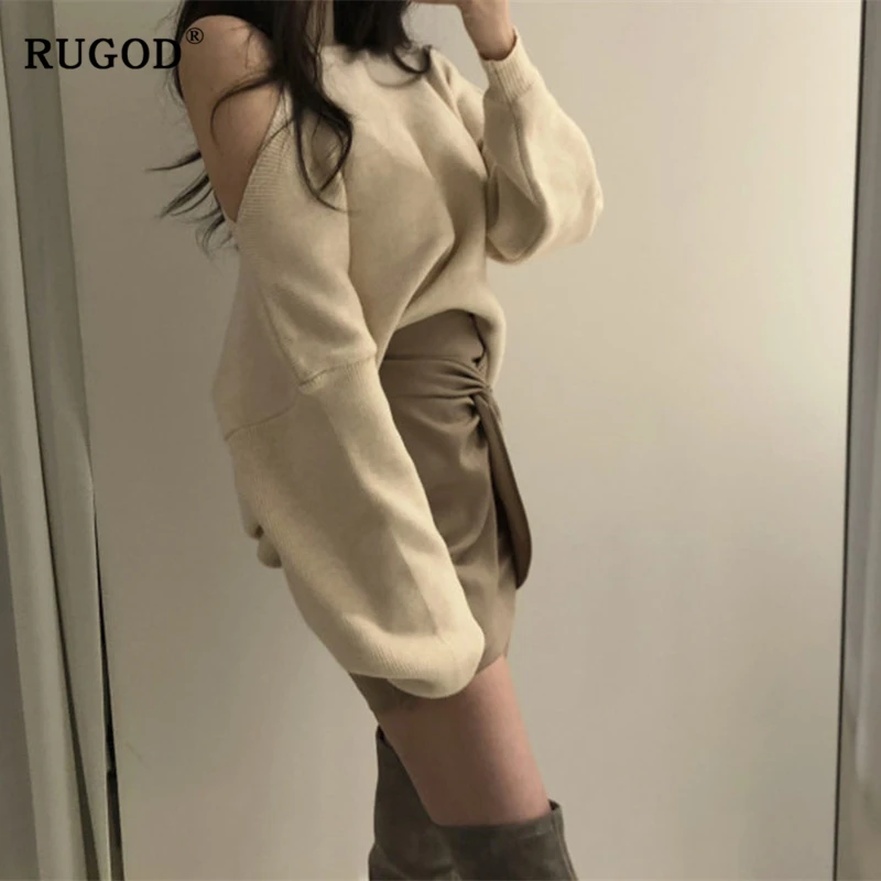 RUGOD корейский вязаный женский свитер, винтажный Однотонный свитер с открытыми плечами, женские модные свободные свитера с рукавами-фонариками
