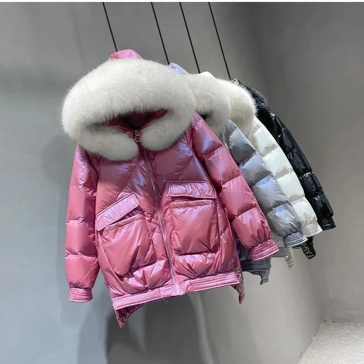 

2023 New Winter Women Parkas Coat Big Fur Collar Down Jacket Women Short Jacket Fashion Bright Winter Loose Thicken Puffer Coat