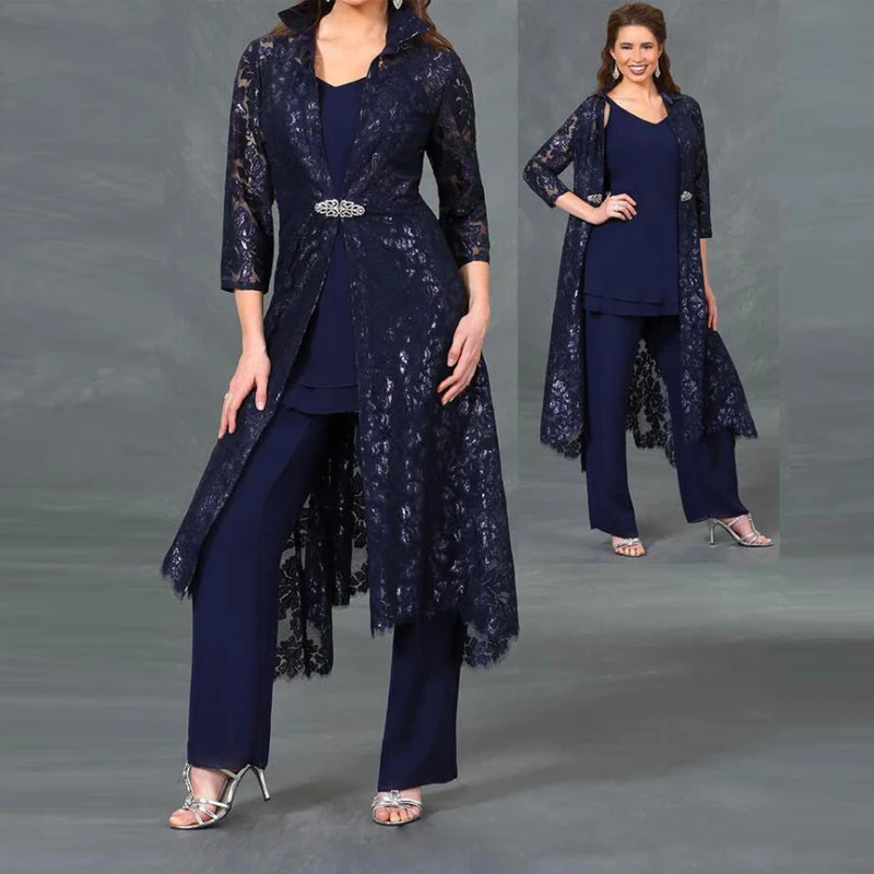 

Women's Three Pieces Mother of The Bride Pant Suits with Long Jacket Ankle Length Chiffon Outfit Formal Dress