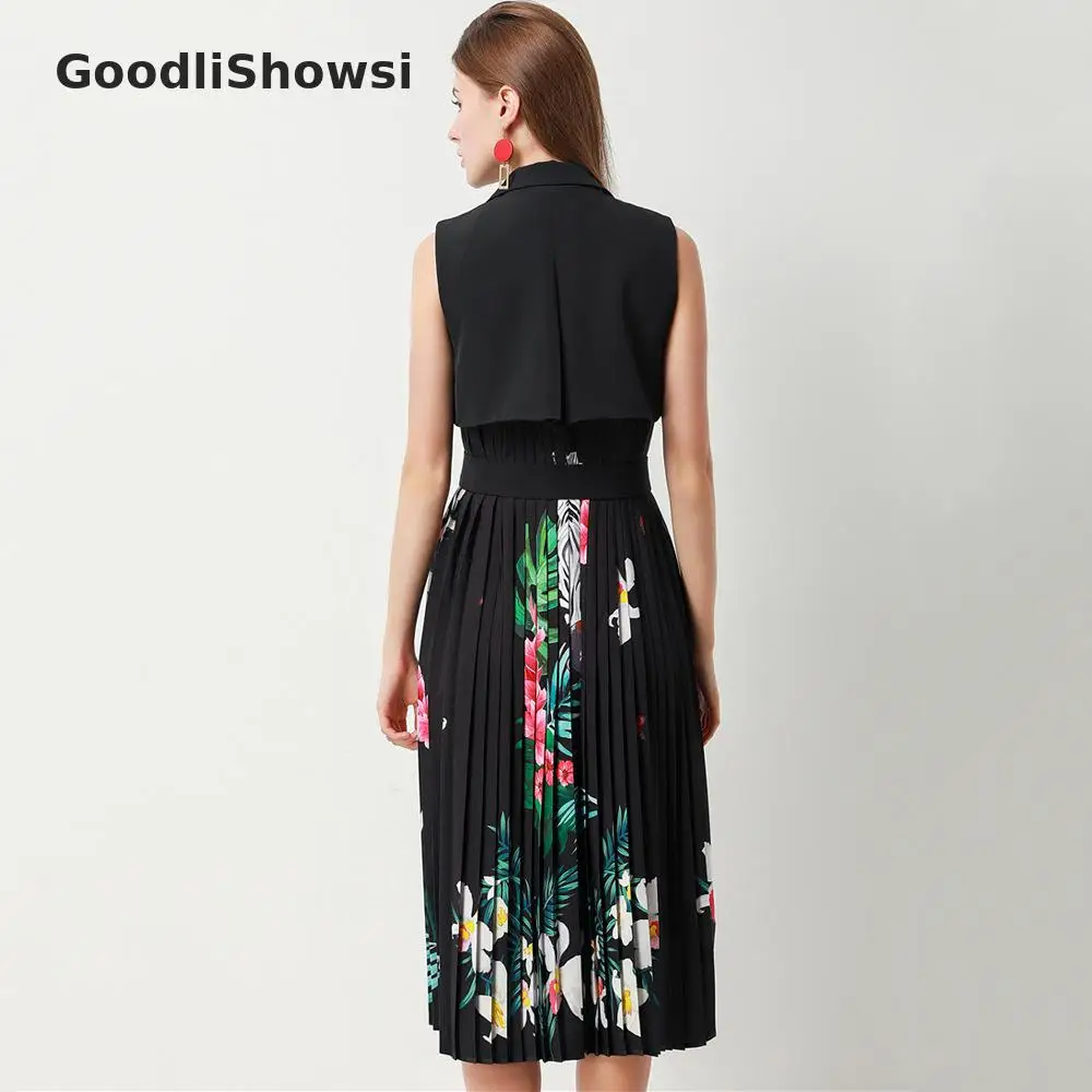 GoodliShowsi, модное, шикарное женское платье-Блейзер, с принтом, пэчворк, с отворотом, без рукавов, с поясом, плиссе в гармошку, платье